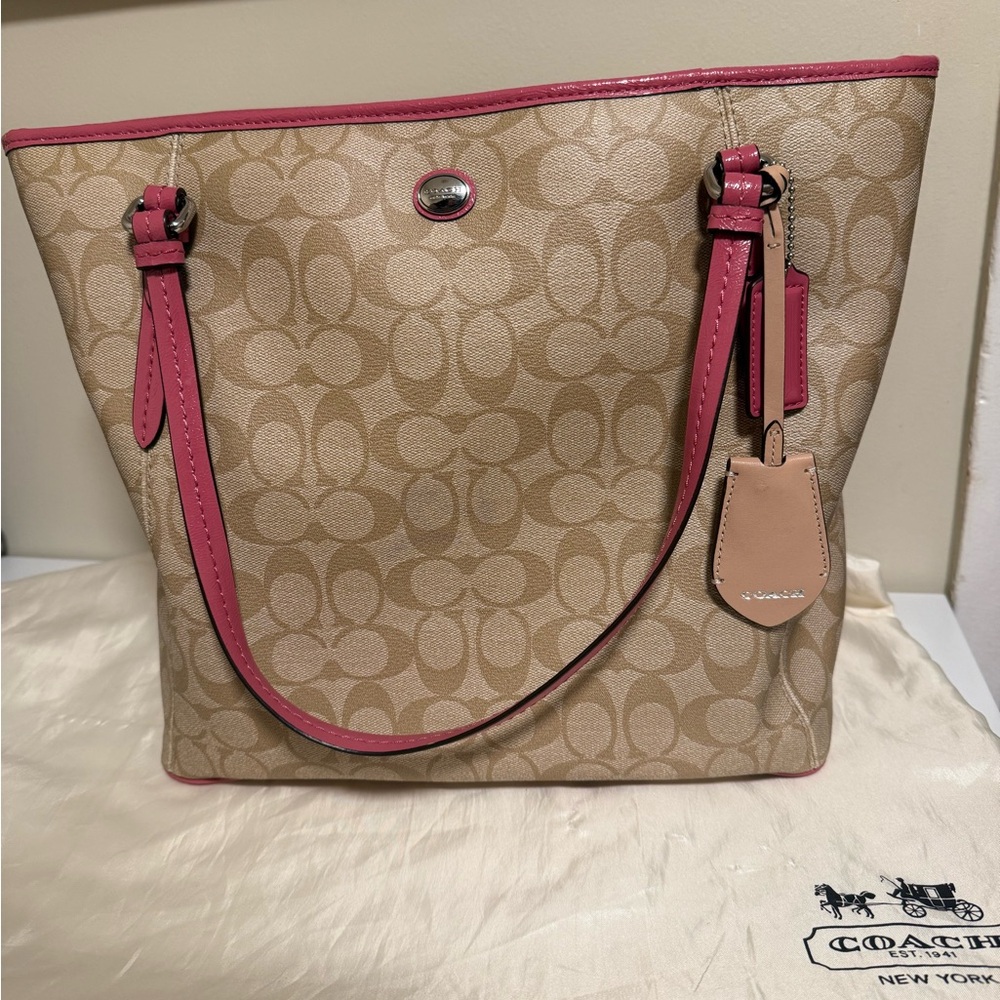 Coach Signature Canvas Tote with Pink Leather Trim